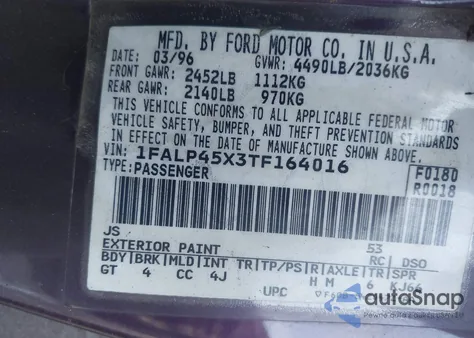 1996 Ford Mustang Gt z USA, uszkodzony, nr VIN 1FALP45X3TF164016